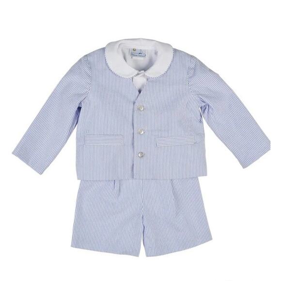 Florence Eiseman 2T Stripe Seersucker Eton Suit 3 Piece Blue White $134